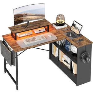 Bestier Small L Shaped Desk with LED Lights, 42 Reversible Computer Desk with Open Storage Cabinet & Monitor Stand, Corner Desk with Side Storage Bag for Home Office Bedroom, Rustic Brown