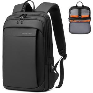 FENRUIEN Slim Laptop Backpack for Men, Water Resistant Light Weight Backpack with USB Charging Port, Black Laptop Bag 15.6 Inch