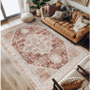 jinchan Area Rug 6x9 Floral Brick Red Rug Distressed Thin Vintage Retro Indoor Non Slip Carpet Kitchen Living Room Bedroom Dining Room