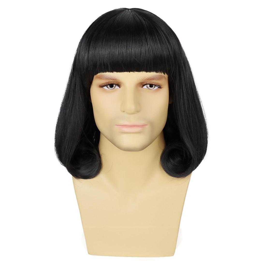 Unisex Black Bob Wig with Full Bangs Short Straight Heat Resistant Synthetic Black Costume Wigs Mens Cosplay Halloween Party Wig