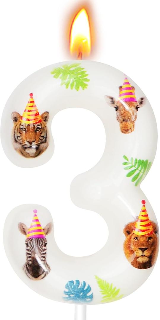 Wild Animal Birthday Candles, Wild Animal Party Decoration Supplies, Birthday Number Candles for Cake Topper (Dark Green, Number 3)