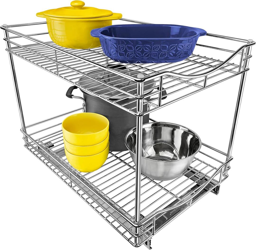 LYNK PROFESSIONAL Pull Out Cabinet Organizer - 14" x 21" - Slide Out Drawer for Kitchen Cabinets - Sliding Pantry Shelves - Roll Out Shelf for Pots, Pans - 2 Tier (Chrome)
