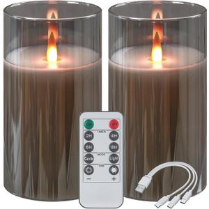 Rechargeable Flameless Candles, Flickering LED Candles, Real Wax Candles with Remote and Timers, Glass Pillar Candles 3D Wick for Wedding Festival Home Decoration, 6" Candle Set of 2, (Gray)