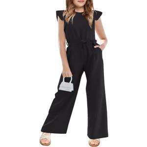 Haloumoning Girls Jumpsuit Kids Fashion Cap Sleeve Belted Wide Leg Romper One Piece Summer Outfits (13-14 Years, Black)
