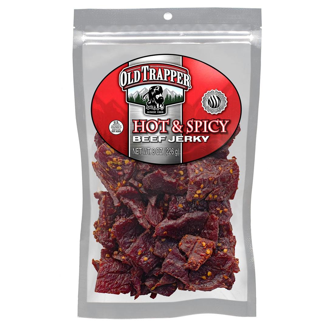 Old Trapper Beef Jerky, Hot & Spicy 8 Ounce Individual Pack, Tender and Spicy Meat Snacks for Lunches or Between Meals, 11 Grams of Protein and 70 Calories per Serving (Pack of One) (EXP 04/01/27)