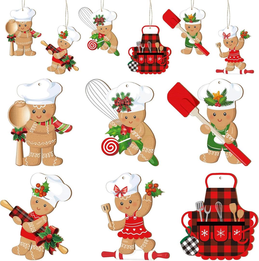 36 Pcs Gingerbread Man Ornaments for Christmas Tree Wooden Chef Christmas Decoration Set Hanging Gingerbread House Decorations Cute Assorted Decor for Xmas Party Rustic Kitchen Decor