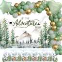 Adventure Awaits Baby Shower Decorations Let The Adventure Begin Backdrop Banner,Tablecloth,Sage Green Balloon Garland for Travel Themed Forest Mountains Woodland Animals Birthday Party Supplies Decor