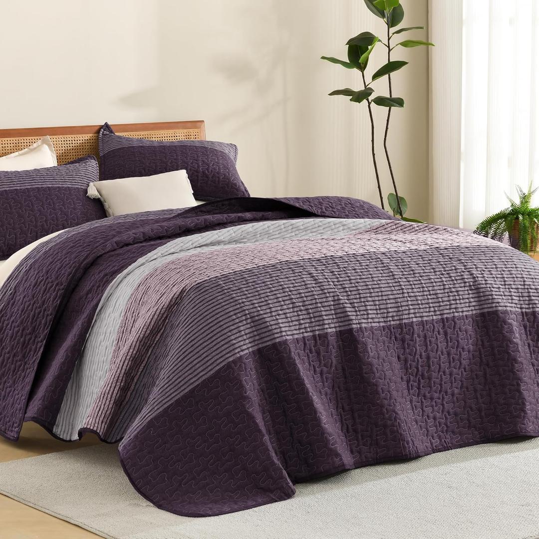 Litanika California King Quilt Set Purple and Grey - Cal King Oversized Stripe Comforter Bedspreads & Coverlets - Soft Lightweight Quilted Bedding Set for All Season(1 Quilt, 2 Pillowcases)