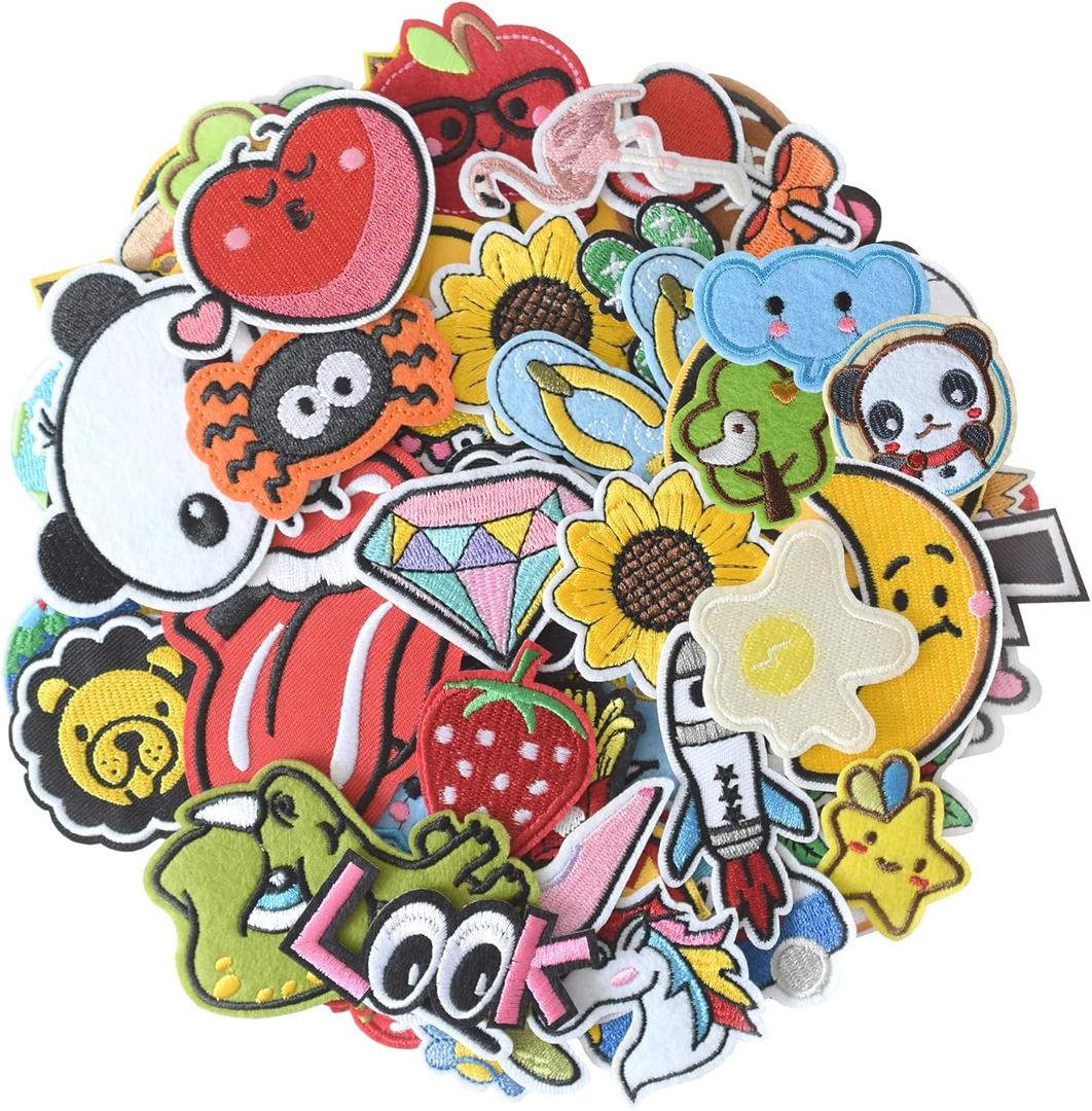 80Pcs Random Assorted Iron on Patches, Cute Sew on/Iron on Embroidered Applique Patches for Jackets, Hats, Backpacks, Jeans, DIY Accessories