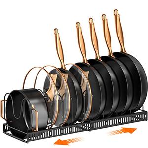 MUDEELA Pots and Pans Organizer : Rack for under Cabinet, Expandable Pot Lid Kitchen Cabinet Organizer Holder with 10 Adjustable Compartment, for Cutting Board, Cast-iron Pan, Heavy Cookware