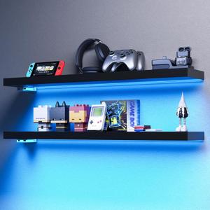 BAMEOS Floating Shelves with RGB LED, 31" Wall Mounted Wooden Shelves with Invisible Brackets, Set of 2, Hanging Wall Shelves for Bedroom, Bathroom, Living Room and Kitchen (Black) (31 x 7)