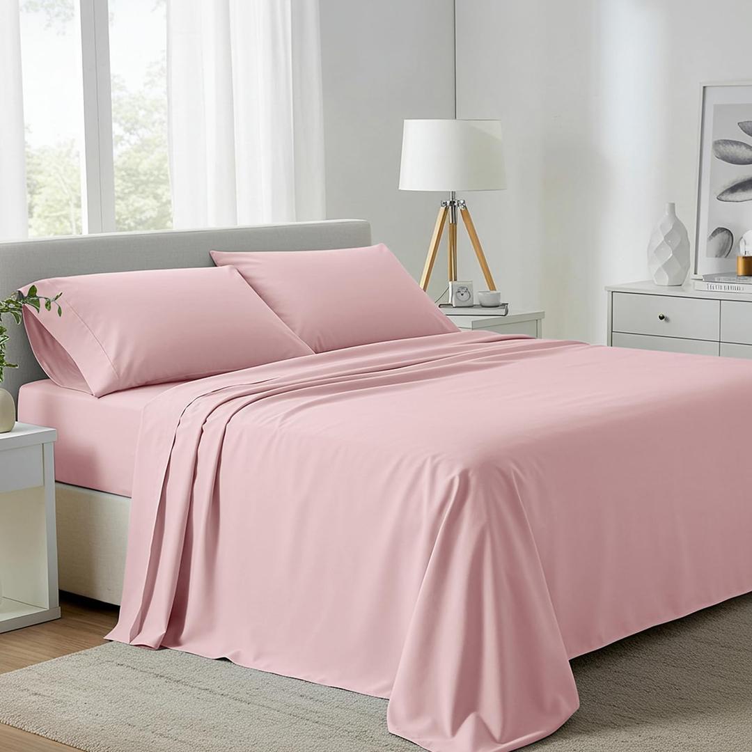 Carressa Linen 100% Egyptian Cotton Queen Sheet Set - 800 High Thread Count Egyptian Cotton Sheets Queen Size (4 PC, Soft Blush Pink), Soft, Cooling, 16" Deep Pocket Sateen Weave Luxury Bed Sheet