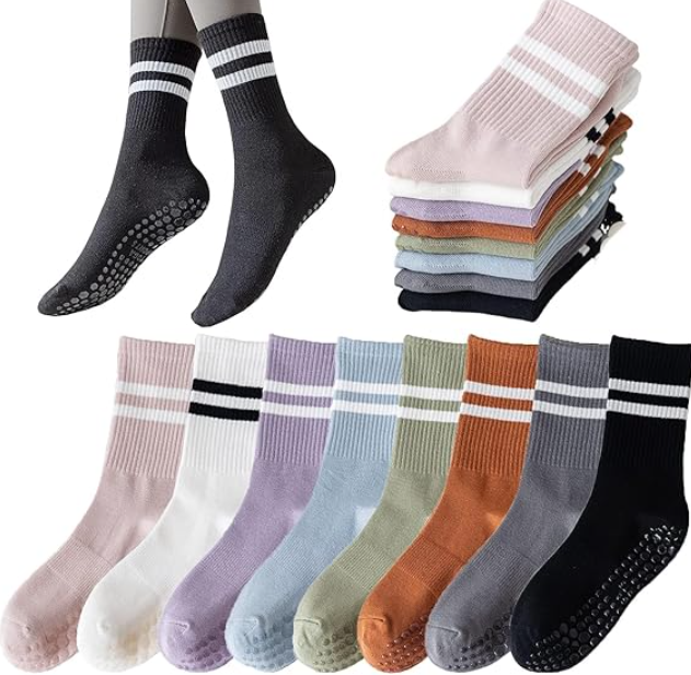 Tergy 8 Pairs Long Yoga Socks with Grip for Women Anti Skid Gripper Socks No Slip Socks for Pilates, Barre, Dance,Yoga