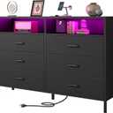 Dresser for bedroom, Fabric Black Bedroom Dresser with LED Lights and Charging Station, 6 Long Drawers Dressers, Tall Wide Chest of Drawers Storage Organizer TV Stand for up to 60" TV for Living Room