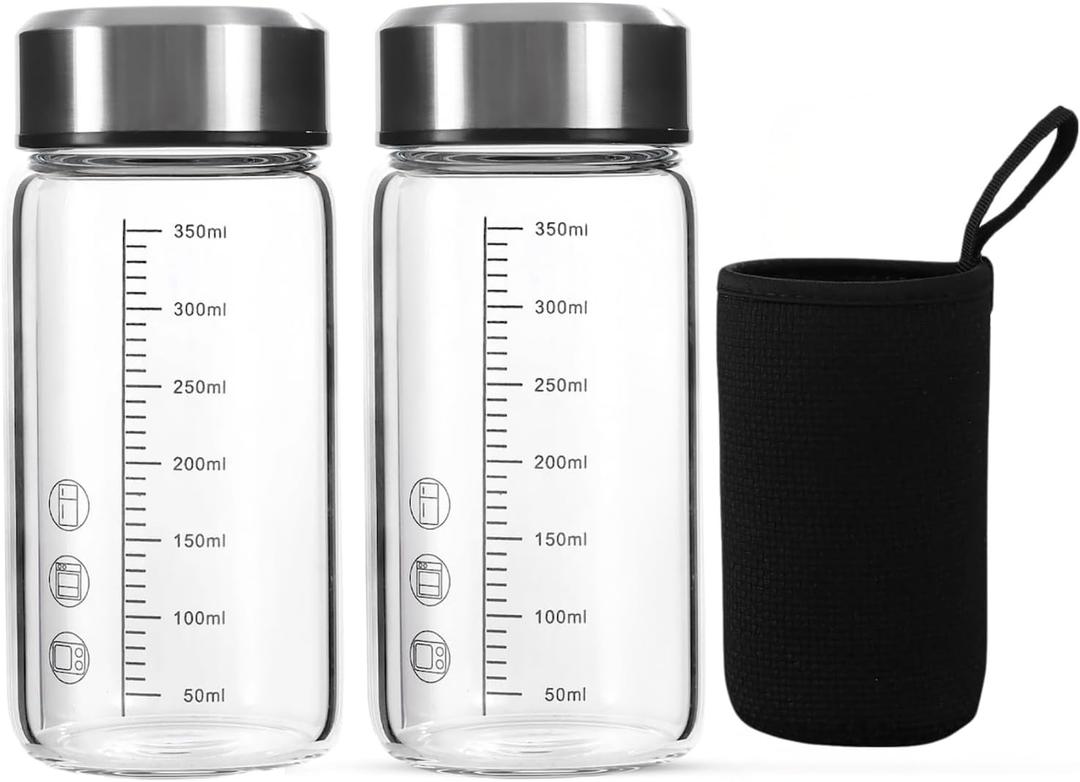 12Oz Small Glass Water Bottle with Lid and Sleeve,0.15in/3.8mm Thick Glass Shaker Bottles for Protein Mixes,Juicing,Smoothies,Infused Water,Beverage,Reusable Juice Bottles (2 Pieces)