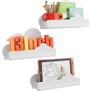Cloud Shelves for Kids Room, 13 Long Nursery Wall Deor Set of 3, White Cloud Bookshelf Floating Shelf, Figure Shelf Wall Mounted, Cute Decorative Cloud Wall Shelf for Toys, Plants & Storage