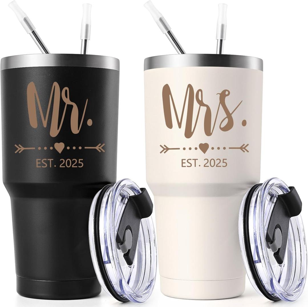 Gtmileo Mr & Mrs EST 2025 Stainless Steel Insulated Tumbler Set, Wedding Gifts for Couples, Bridal Shower Gifts - 30oz, Black&Beige