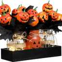 Honeydak 9 Pcs Halloween Table Centerpieces Pumpkin Mason Jar for Halloween Table Dining Room with Farmhouse Wood Tray 3 Mason Jars with Artificial Flowers and 2 LED Light for Dining Room