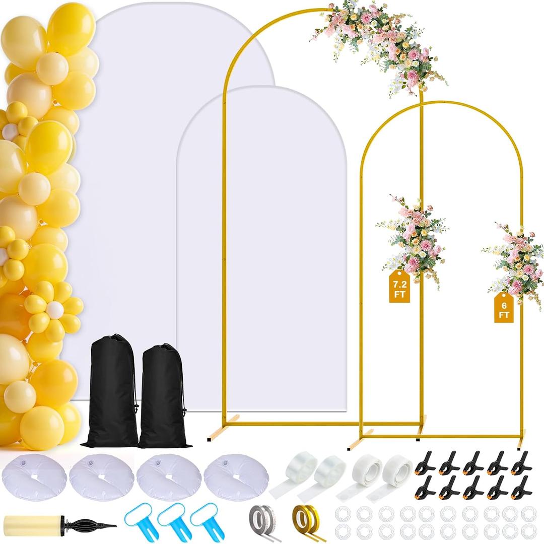 Metal Arch Backdrop Stand and Cover Set of 2, 7.2ft 6ft Gold Party Back drop Arch Stand with Spandex White Background Covers Balloon Garland Kit for Birthday Parties Wedding Ceremony Baby Shower Decor