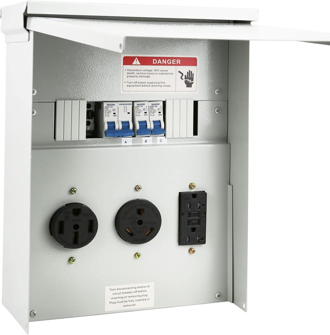 Temporary Power Outlet Panel, with 20, 30, 50 Amp Receptacle Installed, Tocretoare Prewired RV Power Outlet Box, NEMA 3R Enclosed and Weatherproof, Fit for RV Camper Travel and Construction Sites