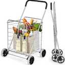 Shopping Cart with Wheels, Folding Grocery Cart with Metal Frame, Foam Wrapped Handle, Versatile Rolling Cart with Basket, Lightweight Compact Utility Cart for Groceries, Laundry (Silver)