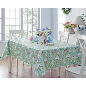 Newbridge Easter Cotton Tail Bunny Party Vinyl Flannel Backed Spring Tablecloth - Cottage Style Bunny Rabbit, Easter Egg & Floral Wipe Clean Easy Care Vinyl Tablecloth, 52 x 70 Oblong/Rectangle