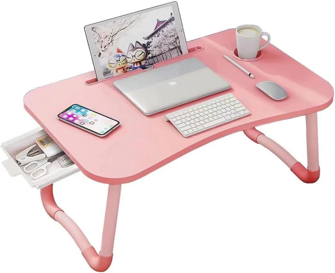 Laptop Desk Foldable Bed Table, Portable Lap Desk Laptop Bed Tray Table with Storage Drawer and Cup Holder, Lap TraysTables Notebook Stand Reading Desks Breakfast Tray for Beds Couch Sofa Floor  Pink