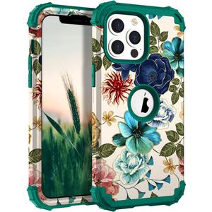Hocase Heavy Duty Case for iPhone 13 Pro Max, Teal Flowers | Shockproof Protection Soft Silicone Rubber+Hard Plastic Bumpers Hybrid Protective Case for Women & Girls