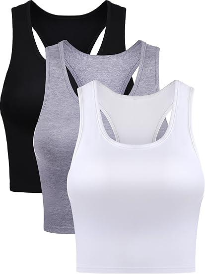 3 Pieces Basic Crop Tank Tops Women Racerback Crop Tops Cotton Sport for Girls Lady Daily Wearing Large