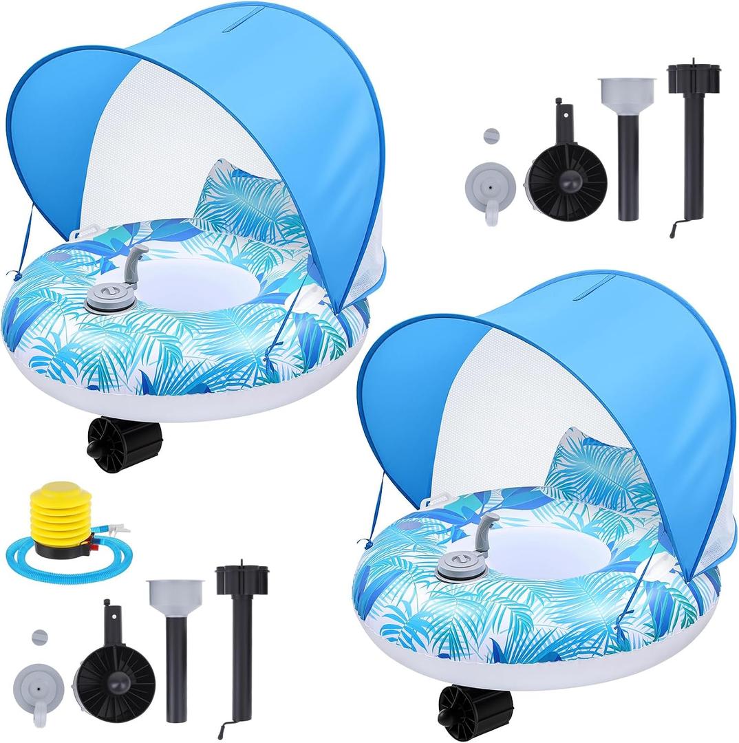 2 Sets Motorized Pool Float for Adults, Electric Inflatable Pool Lounger with Canopy, Float Chair Tube with Pusher Handles, Cup Holder, Foot Pump for Summer Swimming Party Beach Water Lake(Blue)