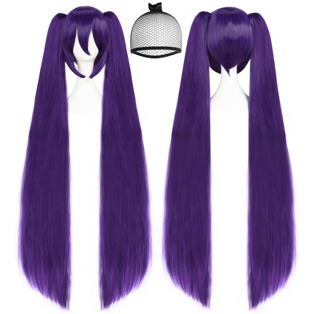 ANOGOL Hair Cap+ 48inch/120cm Long Purple Wig with Double Ponytails Dark Purple Lolita Wigs with Bangs Pigtail Wigs for Anime Cosplay Long Straight Synthetic Hair Halloween Costume Themed Party