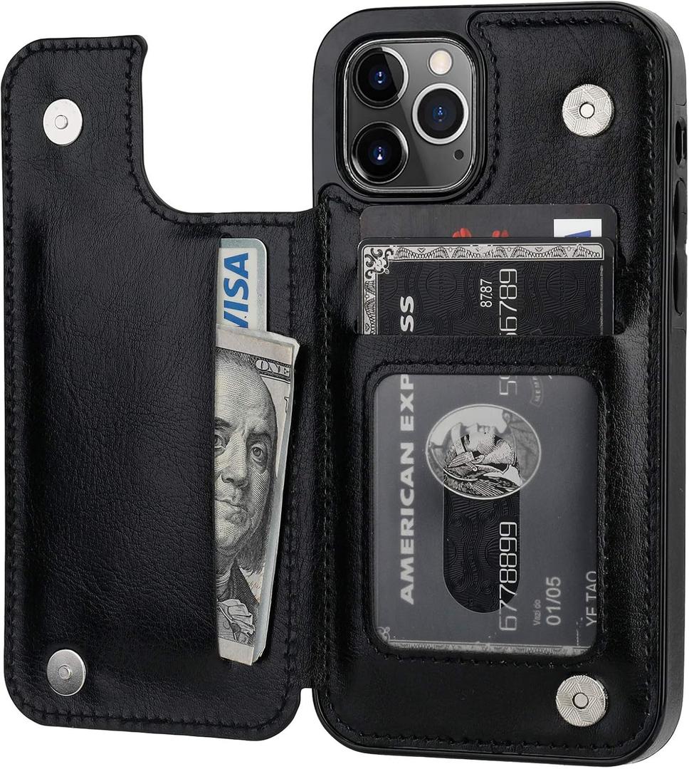 ONETOP Compatible with iPhone 12 Compatible with iPhone 12 Pro Wallet Case with Card Holder, PU Leather Kickstand Card Slots Case, Double Magnetic Clasp Durable Shockproof Cover 6.1 Inch(Black)