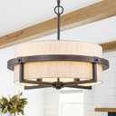 22" Bronze Drum Chandeliers for Dining Room with Off-White Fabric Shade