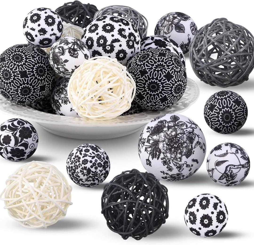 36 Pcs Decorative Fabric Balls for Centerpiece Bowls & Vases - 2.4 Inch Wicker Rattan Balls - Black & White