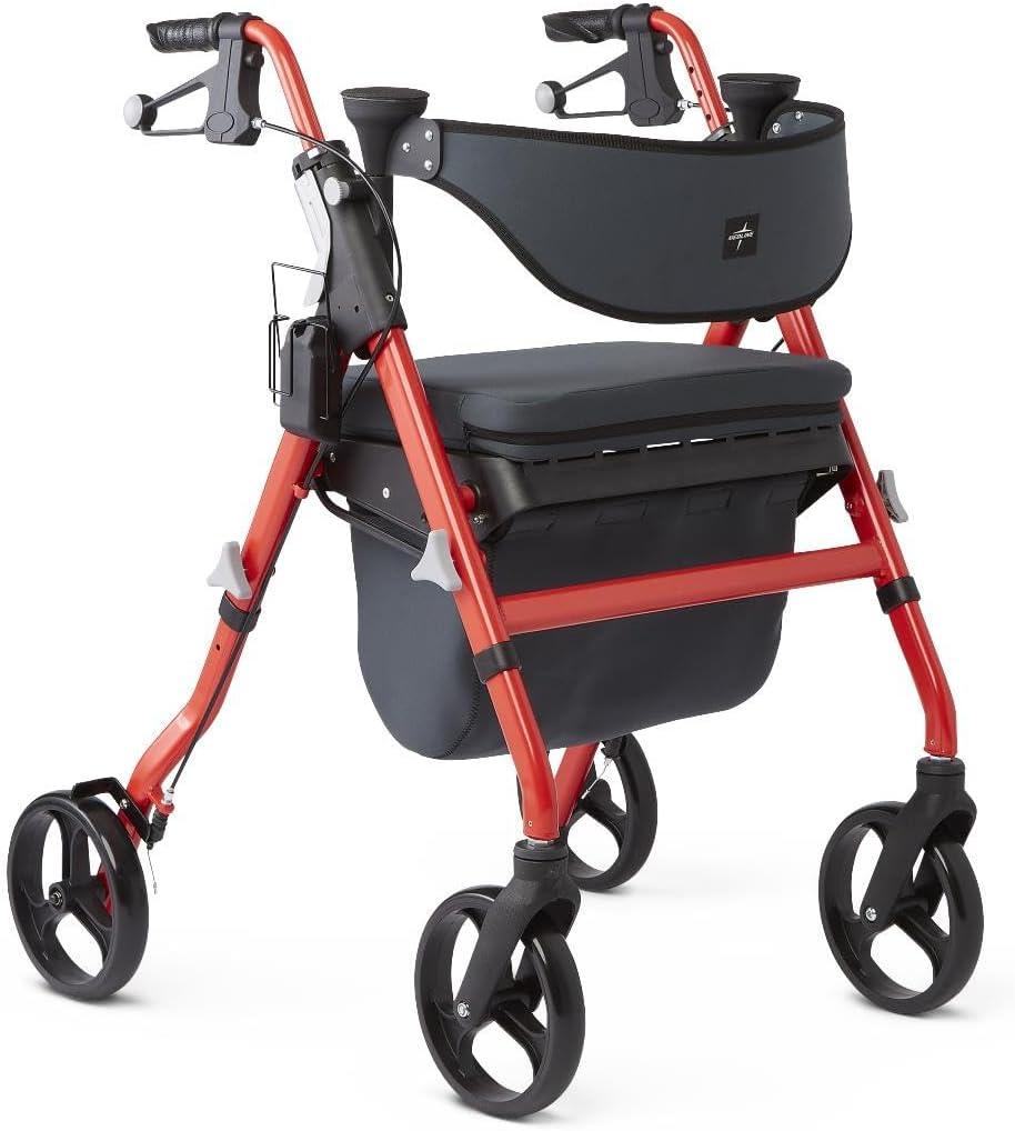 Medline Premium Empower Rollator Walker with Memory Foam Seat, Black & Red, 300 lb. Weight Capacity, 8 Wheels, Microban Technology, Cupholder, Rolling Walker for Mobility Impairment