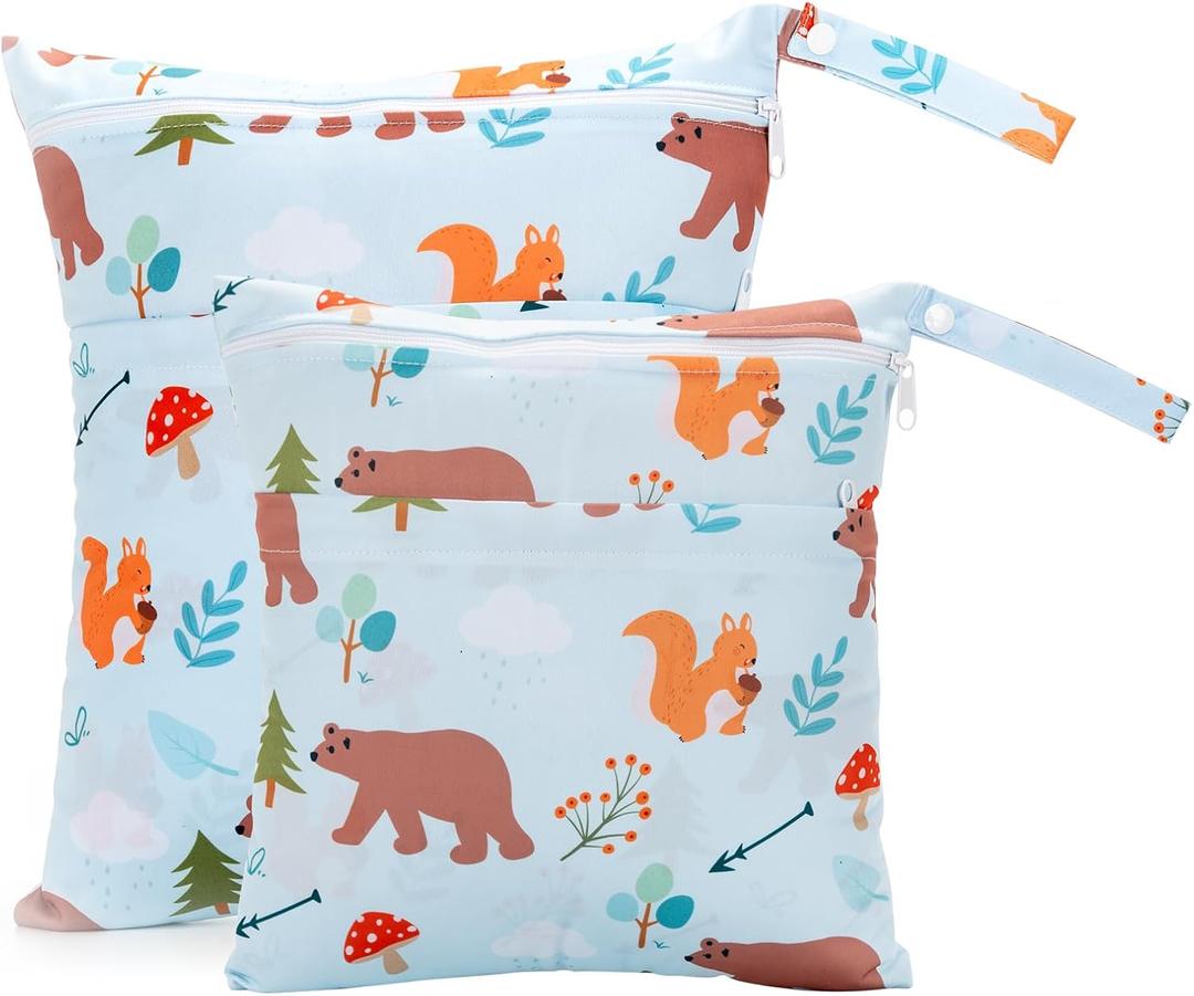 2 Pack Wet Dry Bags Waterproof Washable Travel Bags, Wet Bag with 2 Zippered Pockets for Diapers, Daycare, Bathing, Travel, Beach, Wet Swimwear, Yoga Gym