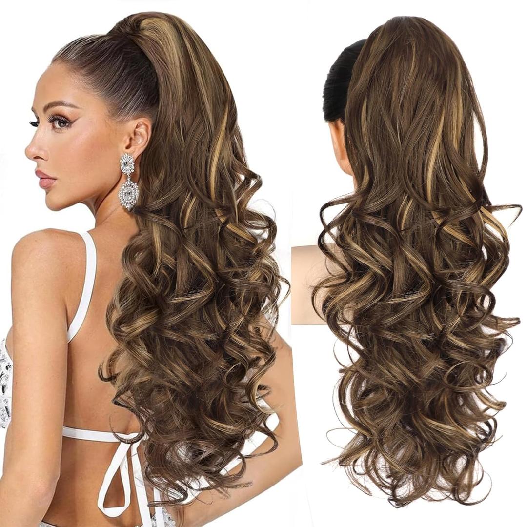 ALXNAN Ponytail Extension,24 Inch Claw Clip in Long Curly Wavy Chocolate Brown with Highlights Ponytail Hair Extension Jaw Clip on Pony Tails Hairpiece for Women
