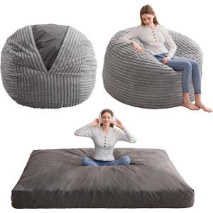 Giant Bean Bag Chair Bed for Adults, Convertible Beanbag Folds from Lazy Chair to Floor Mattress Bed with Machine Washable Cover, Large Floor Sofa Couch with High-Density Foam Filling (Queen, Dark Grey)