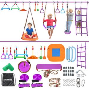 AOBOTE Ninja Warrior Obstacle Course for Kids, 2x56ft Slackline with 12 Accessories, Saucer Swing with 360 Degree Rotating Wheel, Ninja Course for Kids Outside