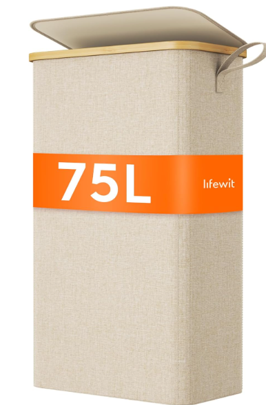 Lifewit 75L Slim Laundry Hamper with Lid, Narrow Laundry Basket with Removable Bag & Bamboo Handles, Fodable Thin Dirty Clothes Hamper for Laundry Collapsible Bin for Bathroom Bedroom Dorm, Beige (16.54"L x 9.84"W x 28.35"H)