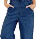 imesrun Womens Jean Bib Overalls Adjustable Casual One Piece Jumpsuits Revolt Juniors Stretch Wide Leg Loose Denim Pants (Medium, Navy)