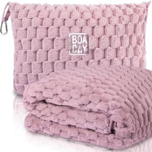 BOACAY Packable Travel Blanket for Airplane, Car - Compact Office Blanket - Portable Pillow for Adults, Kids with Case, Luggage Sleeve, Backpack Clip (Single, Pink)