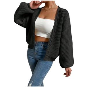 SHENHE Women's Color Block Open Front Long Sleeve Ribbed Knit Cropped Cardigan Sweaters Medium