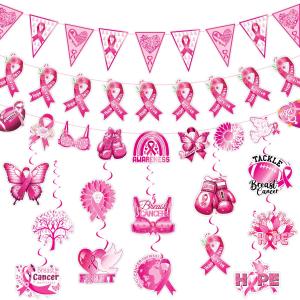 Breast Cancer Awareness Decorations,Pink Ribbon Hanging Swirls Breast Cancer Awareness Pennant Banner for Cancer Charity Activity Party Decor Supply