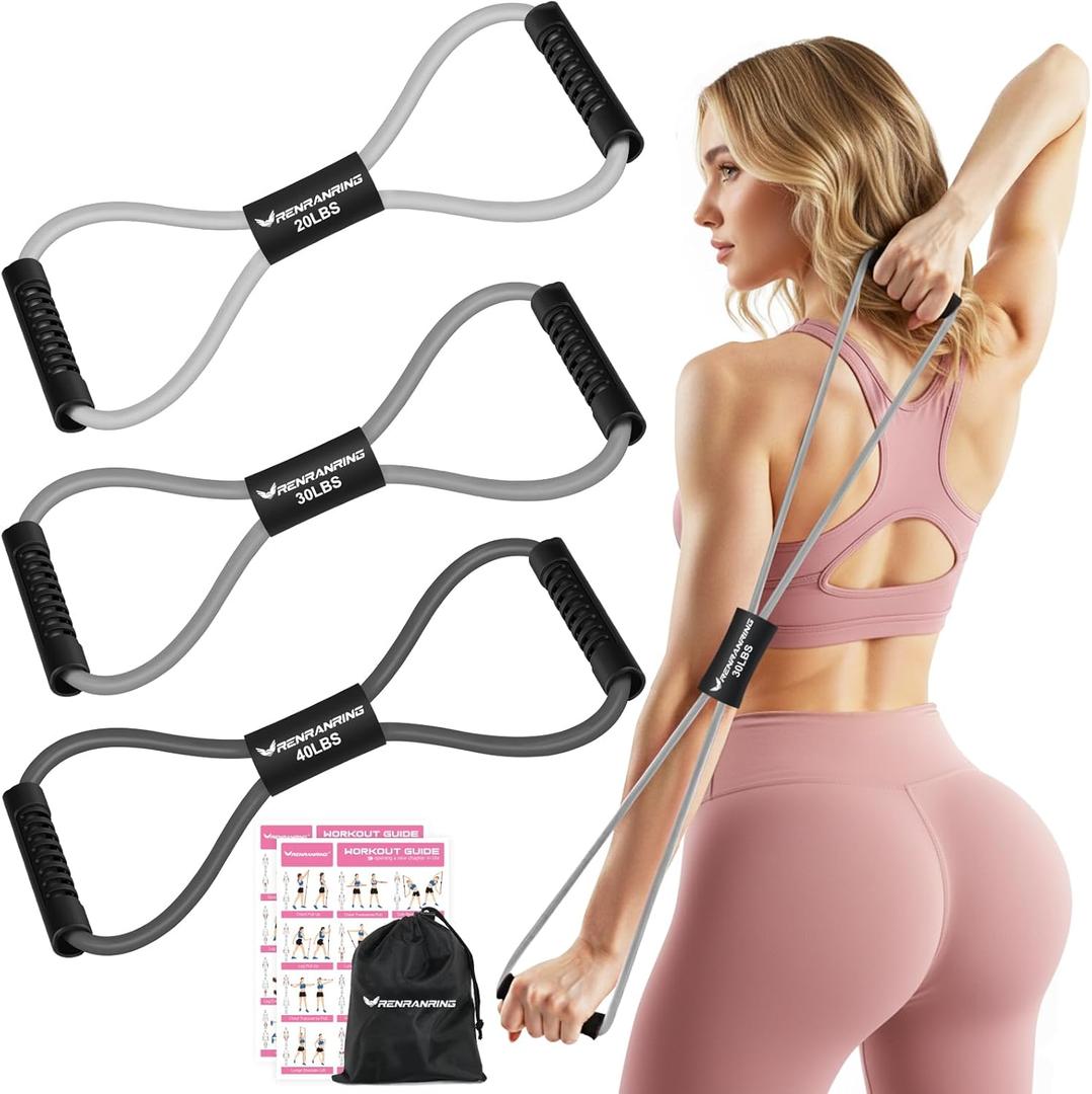 RENRANRING Figure 8 Fitness Resistance Bands with Handles - Exercise Tube Band Set of 3 for Arm and Shoulder Stretch, Rope 8 Word Elastic for Women and Men (Grey series)
