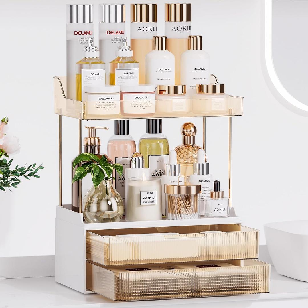 Bathroom Counter Organizer, 2-Tier 2-Drawer Makeup Organizer Countertop, Easy to Install, Ideal for Bathroom Storage, Vanity, Perfume, Large Skincare Items, Present, and More, Amber
