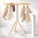 Heavy-Duty Wooden Tripod Clothes Drying Rack, 16 Rods, Large Capacity, 360° Airflow Umbrella Dryer, Foldable Space-Saving Floor Stand for Indoor Outdoor Use