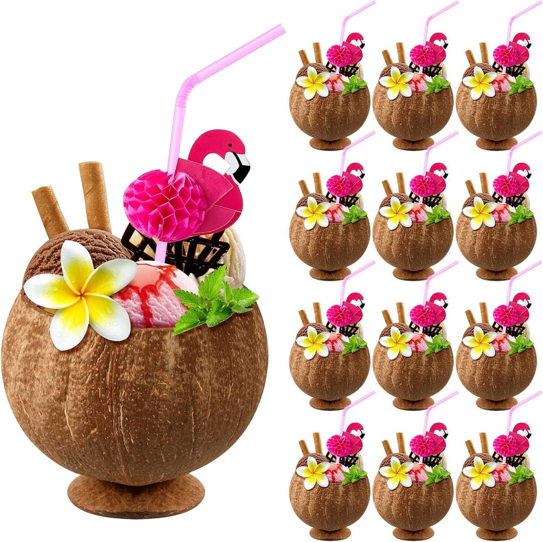 Taiyin Coconut Cups with Flamingo Straws Hawaiian Luau Party Decorations Pink Straws and Coconut Shaped Tiki Cups for Kids and Adults Luau Hawaiian Birthday Beach Pool Party(24 Pcs)