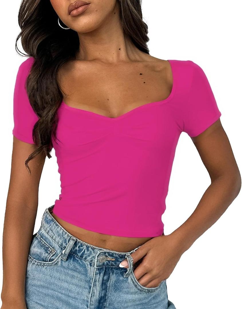 ForeFair Women's Sexy Short Sleeve Going Out Tops Pleated Bustier Shirt Cute Sweetheart Neck Y2K Crop Tee (Medium, Hot Pink)