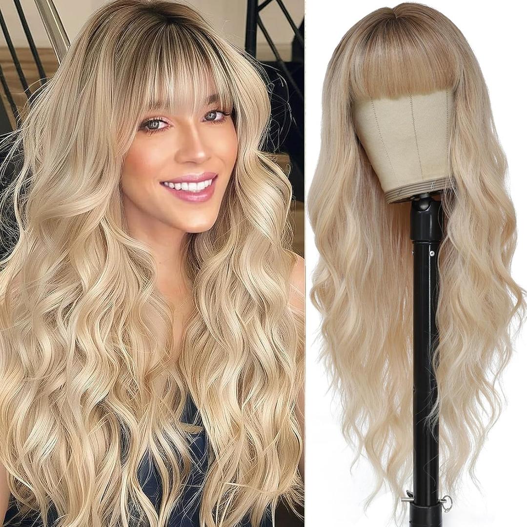 MINSEEYOO Blonde Wig with Bangs for Women Long Blonde Wavy Wigs 26 Inch Blonde Wigs Natural Looking Heat Resistant Synthetic Wig for Daily Party Use